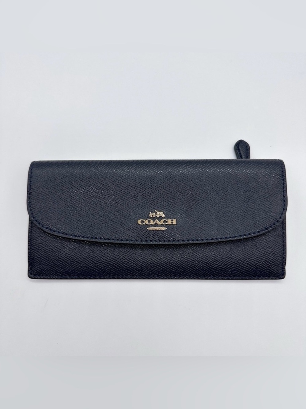 Coach Navy Saffiano Continental Wallet with Gold Logo NWT W/ Defect